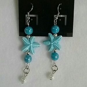 Blue beaded starfish hook earrings
